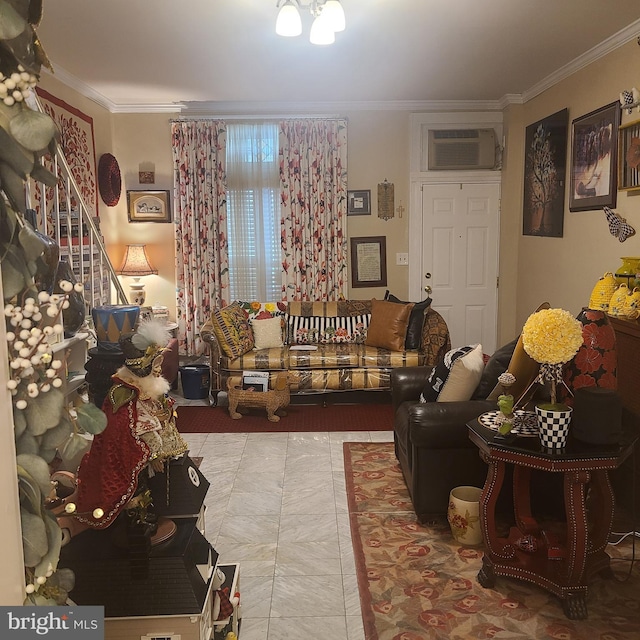 1115 Bentalou St, Baltimore, MD 21216 - living area featuring a wall unit AC and ornamental molding