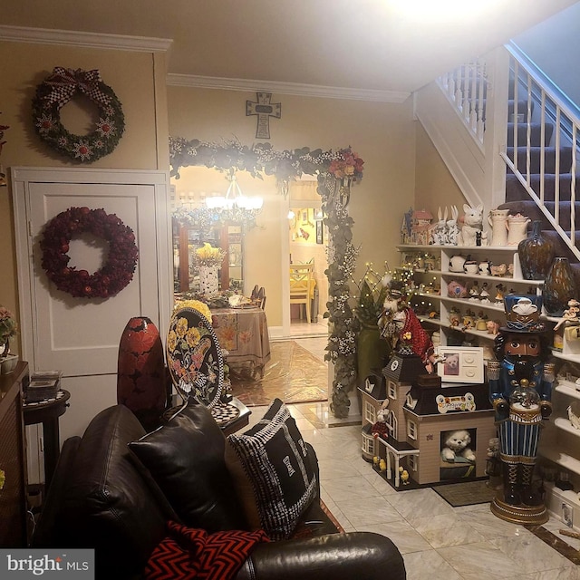 1115 Bentalou St, Baltimore, MD 21216 - living room featuring ornamental molding, marble finish floors, and stairs