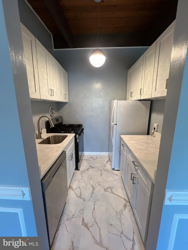 4379 Americana Dr Unit 201, Annandale, VA 22003 - kitchen featuring dishwasher, gas stove, a sink, light marble finish flooring, and freestanding refrigerator
