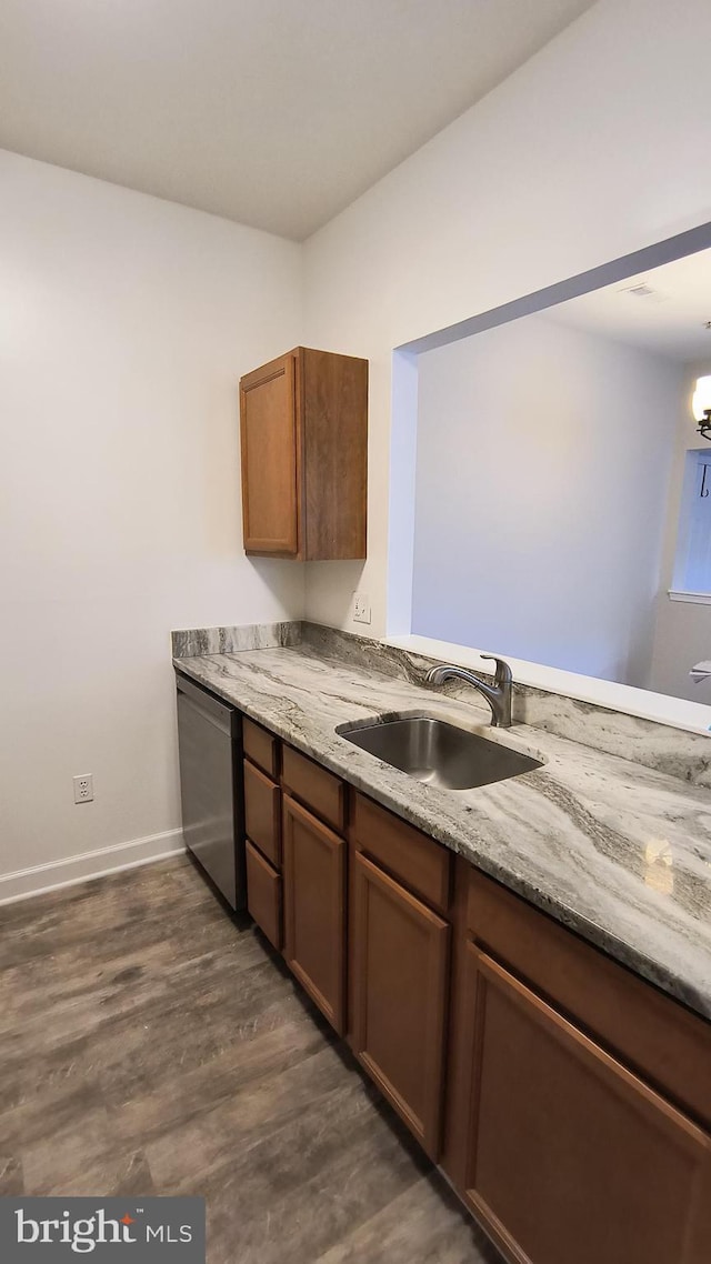 602 Moonglow Rd Unit 202, Odenton, MD 21113 - kitchen with a sink, dishwasher, light stone counters, and dark wood-style flooring