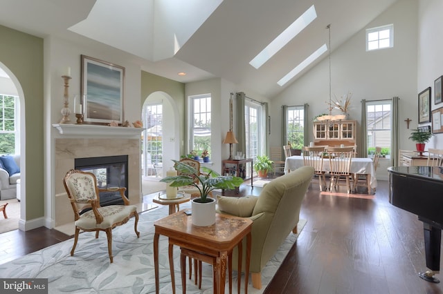 126 Windermere Dr, Palmyra, PA 17078 - living area featuring high vaulted ceiling, a fireplace, a skylight, hardwood / wood-style flooring, and baseboards