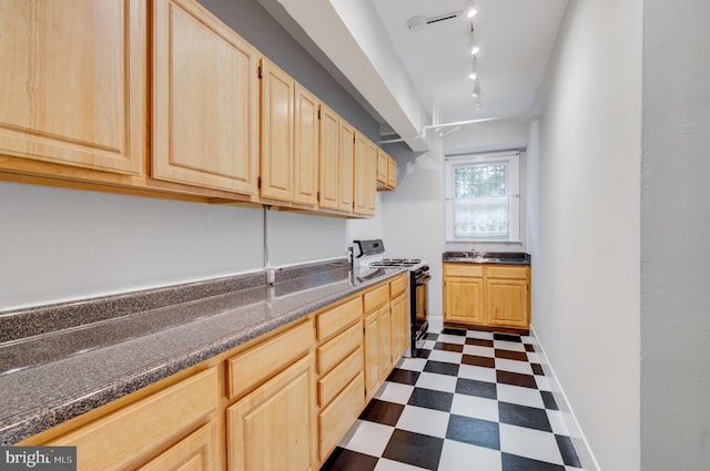 3024 Tilden St NW # 6, Washington, DC 20008 - kitchen featuring light brown cabinetry, gas stove, dark floors, and dark countertops
