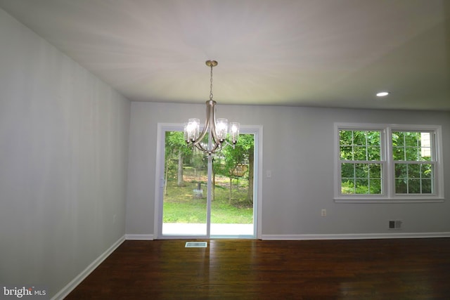 7009 Wood Thrush Dr, Lanham, MD 20706 - unfurnished room with a chandelier, dark wood finished floors, plenty of natural light, baseboards, and recessed lighting