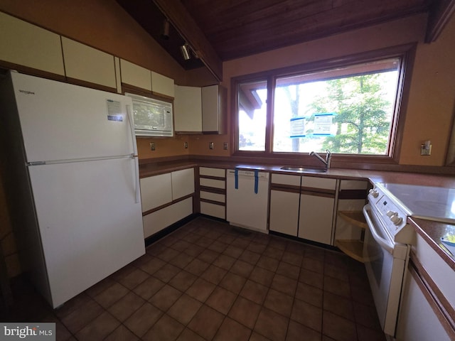1780 Twirly Ct, Prince Frederick, MD 20678 - kitchen featuring white appliances, white cabinetry, wooden ceiling, lofted ceiling, and track lighting