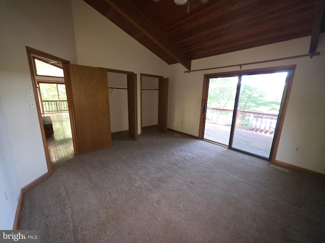 1780 Twirly Ct, Prince Frederick, MD 20678 - unfurnished bedroom with access to outside, two closets, carpet flooring, wooden ceiling, and baseboards