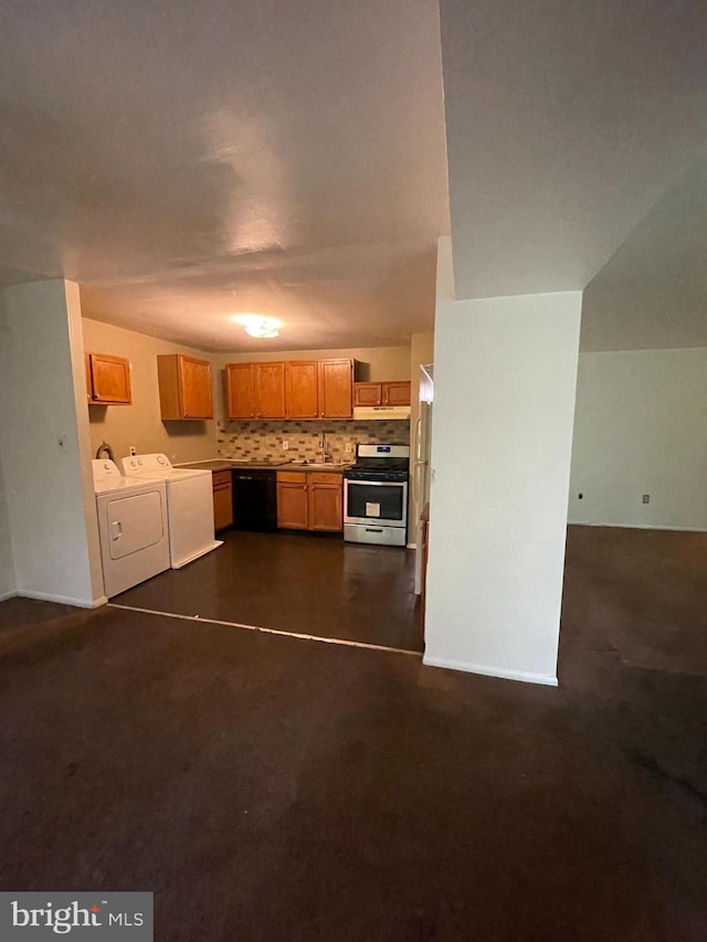 8477 Greenbelt Rd Unit 202, Greenbelt, MD 20770 - kitchen with stainless steel range with gas cooktop, washing machine and clothes dryer, dishwasher, brown cabinets, and backsplash