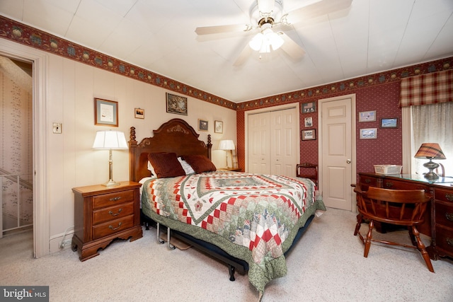 134 S 5th Ave, Royersford, PA 19468 - bedroom with a closet, light colored carpet, wallpapered walls, and ceiling fan