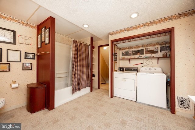 134 S 5th Ave, Royersford, PA 19468 - washroom with carpet flooring, a textured ceiling, separate washer and dryer, wallpapered walls, and recessed lighting