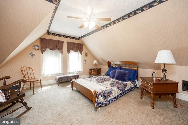 134 S 5th Ave, Royersford, PA 19468 - bedroom featuring wallpapered walls, carpet, vaulted ceiling, baseboards, and ceiling fan