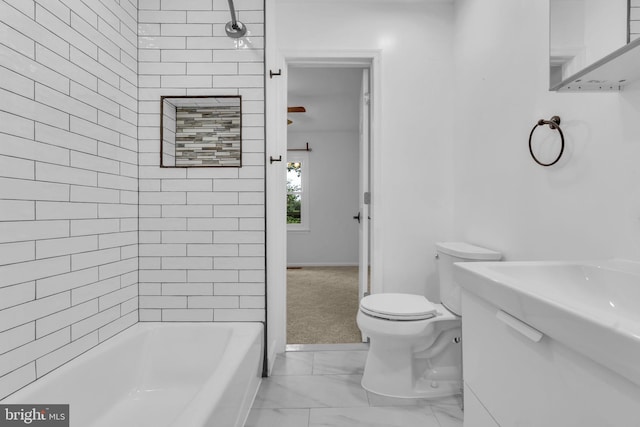 1606 Montmorency Dr, Vienna, VA 22182 - bathroom with toilet, marble finish flooring, bathtub / shower combination, and baseboards