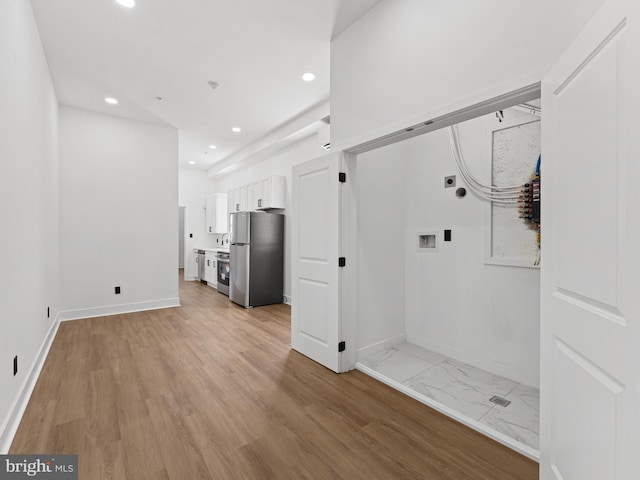 2331 N Front St, Philadelphia, PA 19133 - washroom with hookup for an electric dryer, hookup for a washing machine, recessed lighting, baseboards, and light marble finish floors