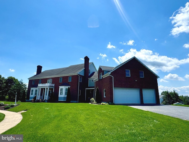 324 W Orchard Dr, Palmyra, PA 17078 - view of front of property featuring a garage, a front yard, brick siding, asphalt driveway, and a chimney