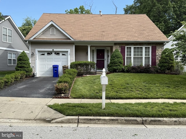 7324 Summerwind Cir, Laurel, MD 20707 - view of front of house with asphalt driveway, an attached garage, a front yard, stone siding, and roof with shingles
