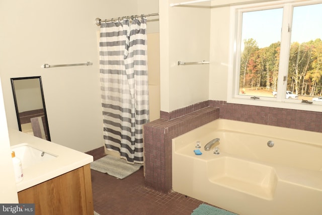 9216 Crandall Rd, Lanham, MD 20706 - bathroom featuring a bath, vanity, a shower with curtain, and tile patterned floors