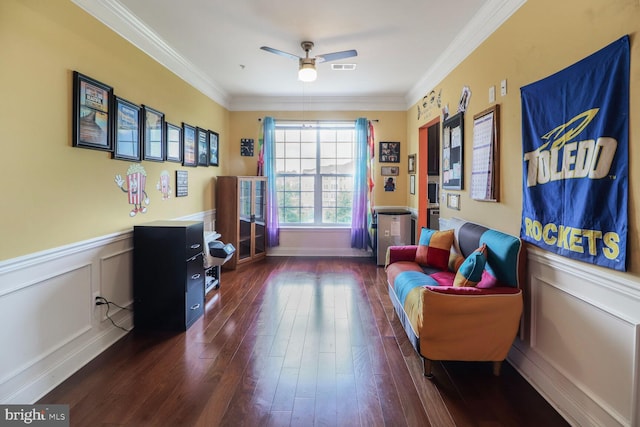 8612 Wintergreen Ct Unit 403, Odenton, MD 21113 - living area featuring wood finished floors, a ceiling fan, crown molding, and a wainscoted wall