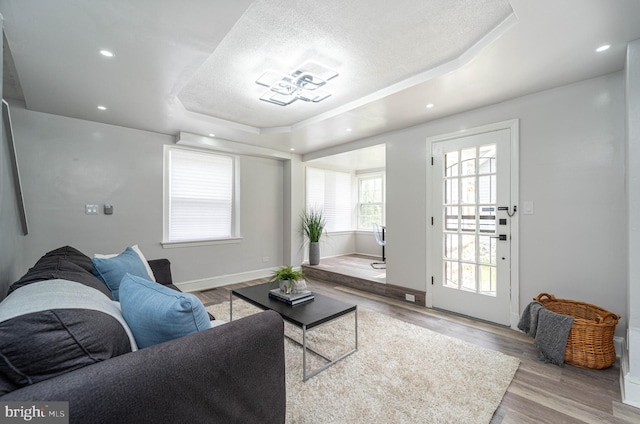 3232 N Rolling Rd, Baltimore, MD 21244 - living room with a raised ceiling, wood finished floors, and a textured ceiling