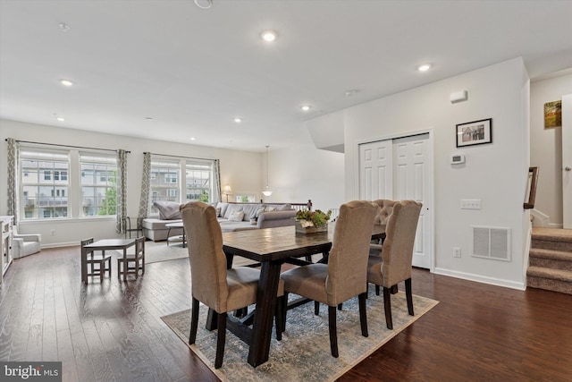 468 Rowan St, Warminster, PA 18974 - dining space featuring dark wood finished floors, stairs, recessed lighting, and baseboards