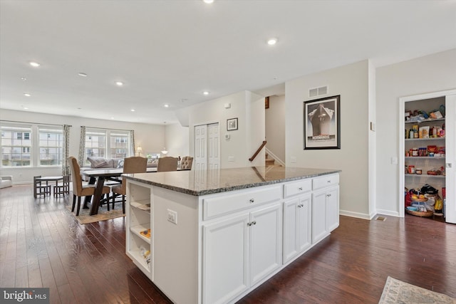 468 Rowan St, Warminster, PA 18974 - kitchen featuring a kitchen island, dark wood-style floors, stone countertops, white cabinets, and recessed lighting