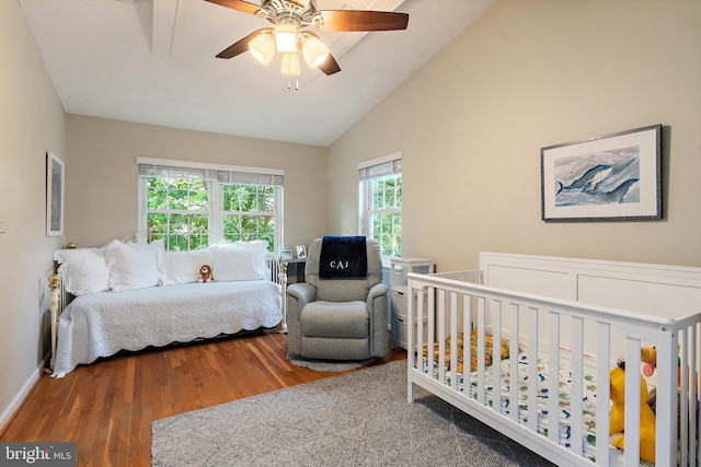 1414 Ellis Rd, Annapolis, MD 21403 - bedroom with wood finished floors, vaulted ceiling, a ceiling fan, and baseboards