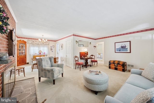 39 Stoney Run Rd, Wilmington, DE 19809 - living area with light colored carpet, a chandelier, crown molding, and baseboards