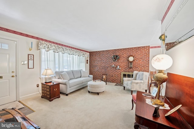 39 Stoney Run Rd, Wilmington, DE 19809 - living area featuring brick wall, carpet, and baseboards