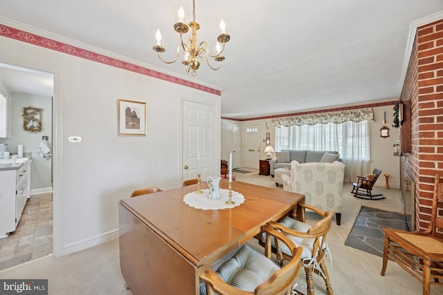 39 Stoney Run Rd, Wilmington, DE 19809 - dining area featuring baseboards, a chandelier, light colored carpet, and crown molding