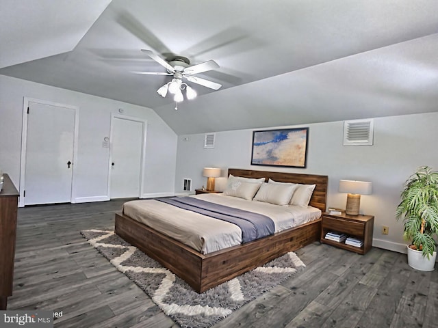 1927 N 15th St, Reading, PA 19604 - bedroom with lofted ceiling, baseboards, dark wood-style flooring, and a ceiling fan