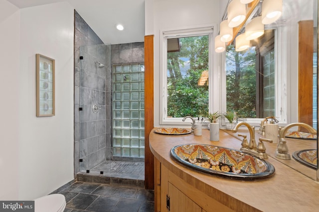 4834 8th St S, Arlington, VA 22204 - bathroom with a walk in shower, vanity, stone finish floors, and toilet