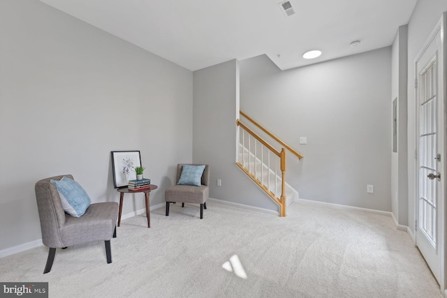 8311 Cloud St, Laurel, MD 20724 - sitting room featuring carpet floors, stairway, and baseboards