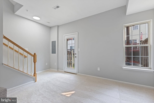 8311 Cloud St, Laurel, MD 20724 - foyer featuring electric panel, carpet flooring, baseboards, and stairs