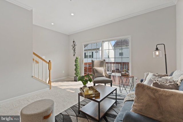 8311 Cloud St, Laurel, MD 20724 - carpeted living area featuring stairway, baseboards, ornamental molding, and recessed lighting