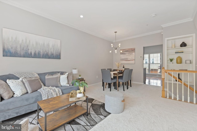 8311 Cloud St, Laurel, MD 20724 - carpeted living room with ornamental molding, a chandelier, and baseboards