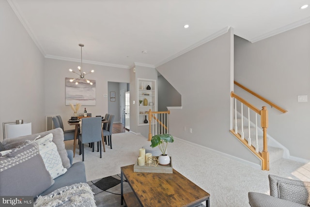8311 Cloud St, Laurel, MD 20724 - carpeted living area featuring a chandelier, crown molding, baseboards, stairway, and recessed lighting