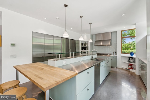 400 Chain Brg, Mclean, VA 22101 - kitchen with a spacious island, wall chimney exhaust hood, modern cabinets, dishwasher, and recessed lighting