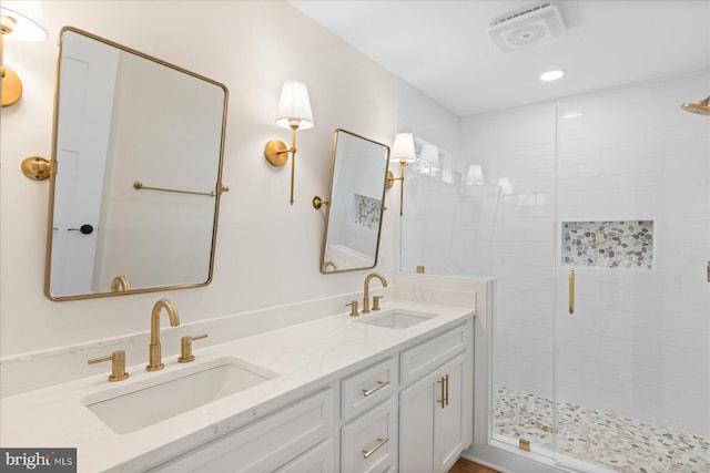 209 S Camden Ave, Fruitland, MD 21826 - bathroom featuring a shower stall, double vanity, and recessed lighting