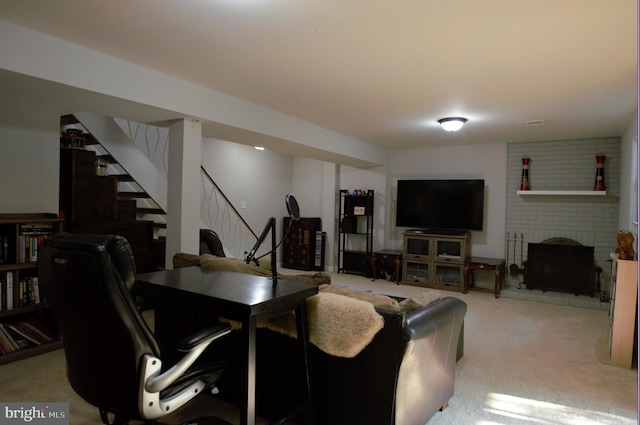 6403 Limerick Ct, Springfield, VA 22152 - living area with light carpet, stairs, and a fireplace