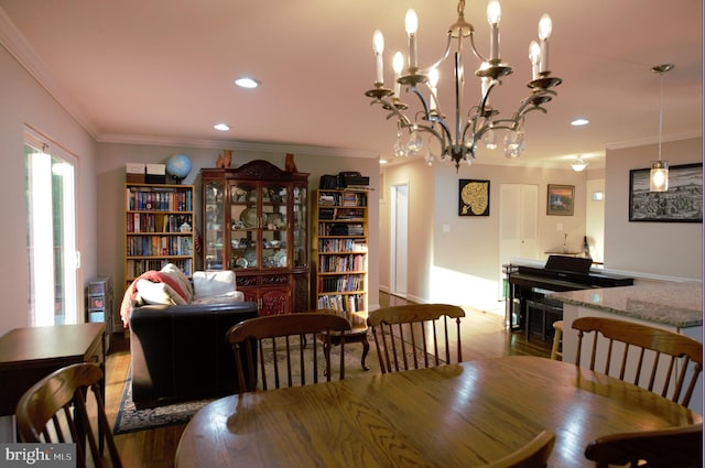 6403 Limerick Ct, Springfield, VA 22152 - dining space featuring ornamental molding, recessed lighting, wood finished floors, a chandelier, and baseboards
