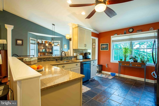 1688 W Commonwealth Dr, Front Royal, VA 22630 - kitchen with a sink, dishwasher, a peninsula, plenty of natural light, and lofted ceiling