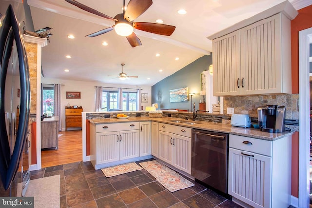 1688 W Commonwealth Dr, Front Royal, VA 22630 - kitchen with dishwasher, a sink, freestanding refrigerator, a peninsula, and a ceiling fan