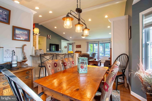 1688 W Commonwealth Dr, Front Royal, VA 22630 - dining space featuring recessed lighting, ceiling fan, baseboards, wood finished floors, and vaulted ceiling