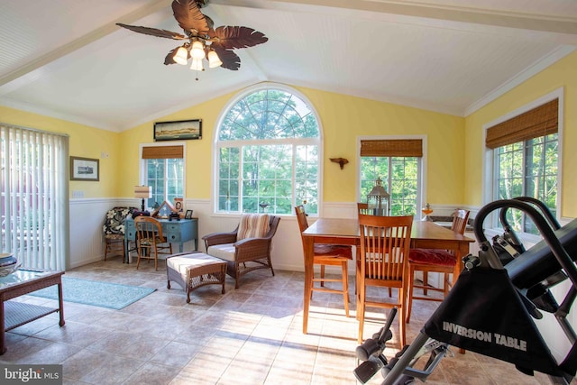 1688 W Commonwealth Dr, Front Royal, VA 22630 - dining space with plenty of natural light, wainscoting, ceiling fan, lofted ceiling, and crown molding
