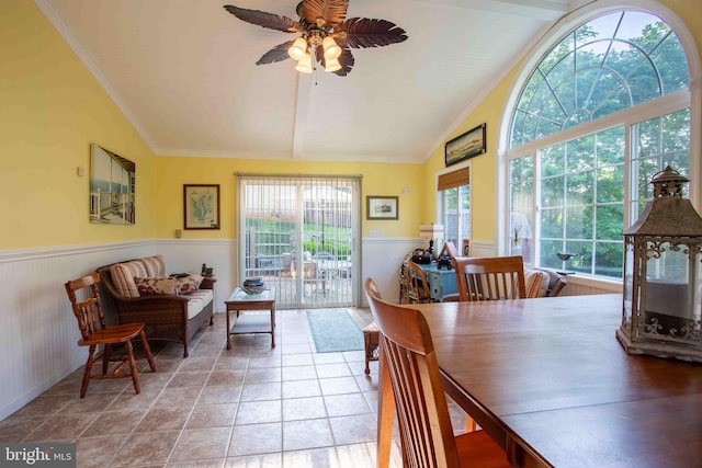 1688 W Commonwealth Dr, Front Royal, VA 22630 - dining space with lofted ceiling, wainscoting, and ceiling fan