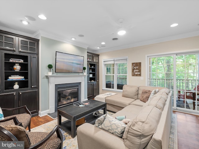 33584 Windswept Dr Unit 5202, Millsboro, DE 19966 - living room featuring crown molding, a glass covered fireplace, wood finished floors, recessed lighting, and built in features