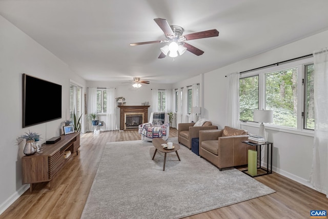 7 Sand Trap Ter, Palmyra, VA 22963 - living room with a ceiling fan, light wood-style floors, and a glass covered fireplace