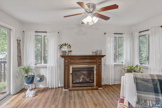 7 Sand Trap Ter, Palmyra, VA 22963 - living area with wood finished floors, a glass covered fireplace, and a ceiling fan