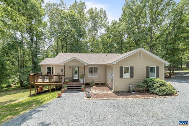 7 Sand Trap Ter, Palmyra, VA 22963 - ranch-style house with a shingled roof, a wooden deck, and view of scattered trees