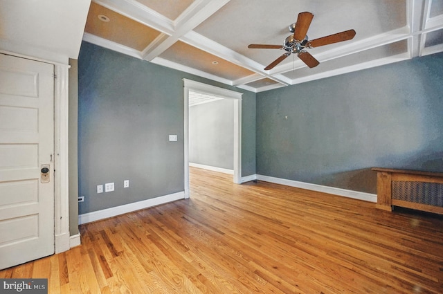 4210 3rd St NW, Washington, DC 20011 - spare room featuring coffered ceiling, a ceiling fan, wood finished floors, baseboards, and beamed ceiling