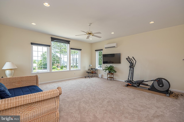 17 Clipper Ct, Ocean Pines, MD 21811 - carpeted living area with a wall mounted air conditioner, baseboards, recessed lighting, and a ceiling fan