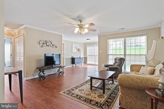 2504 Shelley Cir Unit 1B, Frederick, MD 21702 - living room with wood finished floors, a ceiling fan, ornamental molding, and baseboards
