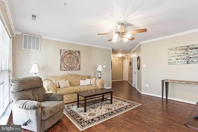 2504 Shelley Cir Unit 1B, Frederick, MD 21702 - living area featuring dark wood-type flooring, baseboards, crown molding, and a ceiling fan